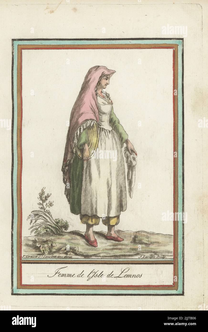 Woman of the island of Lemnos under the Ottoman Empire, She wears a veil, bodice, skirts, apron, harem pants, slippers. Mythical land of Hephaestus or Vulcan, gods of the forge. Femme de l'isle de Lemnos. Handcoloured copperplate engraving by J. Laroque after a design by Jacques Grasset de Saint-Sauveur from his Encyclopedie des voyages, Encyclopedia of Voyages, Bordeaux, France, 1792. Stock Photo