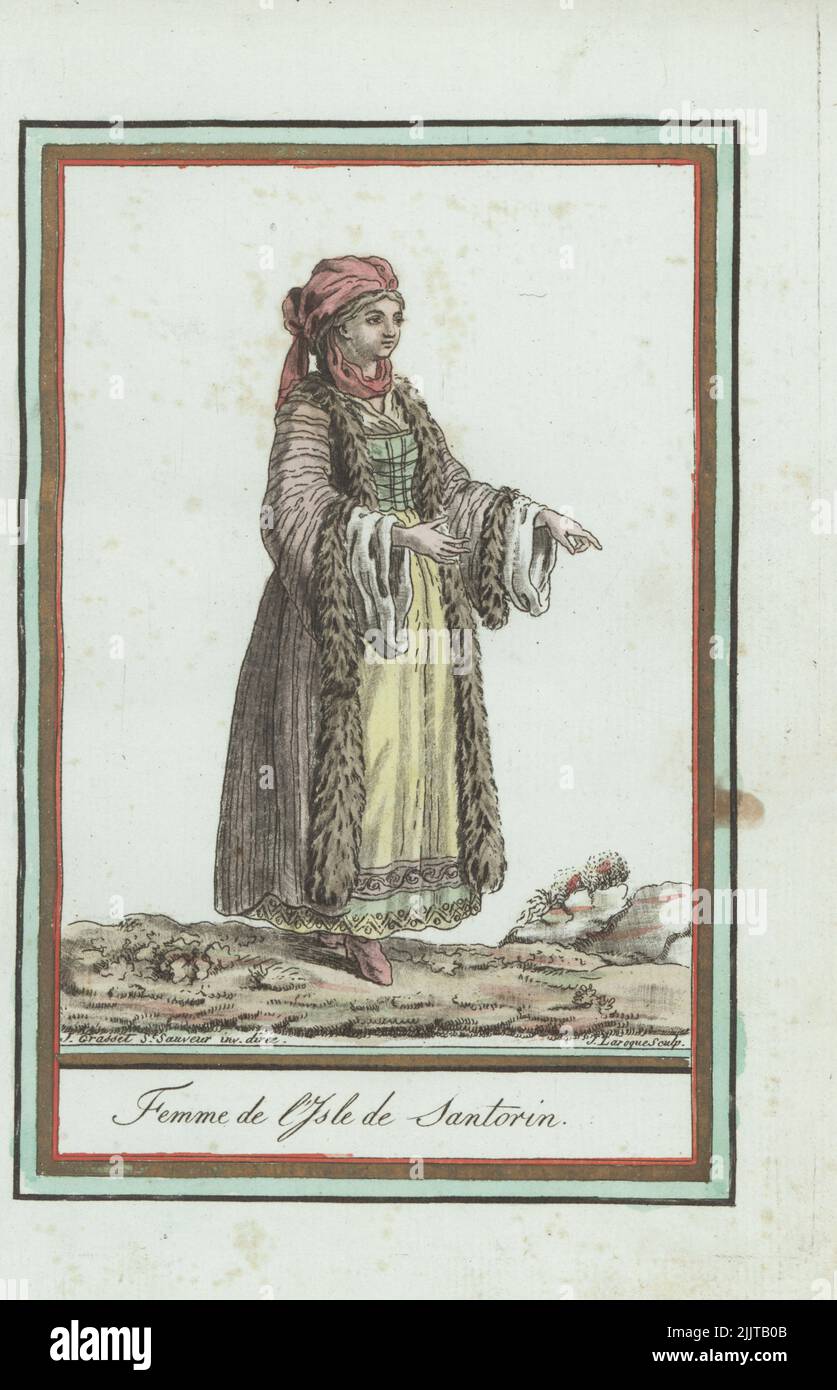 Woman of the island of Santorini or Thira in the Ottoman Empire. Hair in a kerchief tied in a turban, furred dolman coat, long skirt, slippers. Greek island in the Aegean Sea.. Femme de l'isle de Santorin. Handcoloured copperplate engraving by J. Laroque after a design by Jacques Grasset de Saint-Sauveur from his Encyclopedie des voyages, Encyclopedia of Voyages, Bordeaux, France, 1792. Stock Photo