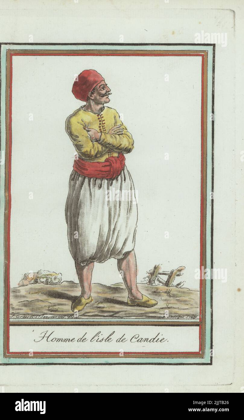 Man of the Kingdom of Candia, Ottoman Empire. In turban, short coat, sash belt, harem pants and slippers. Now the Greek island of Crete. Homme de l'isle de Candie. Handcoloured copperplate engraving by J. Laroque after a design by Jacques Grasset de Saint-Sauveur from his Encyclopedie des voyages, Encyclopedia of Voyages, Bordeaux, France, 1792. Stock Photo