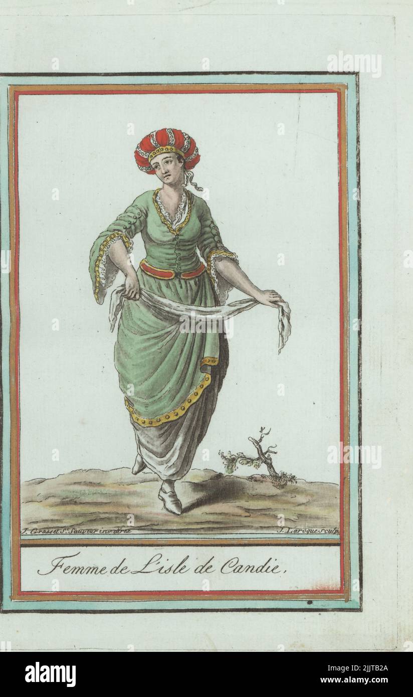 Woman of the Kingdom of Candia, Ottoman Empire, dancing with a kerchief. In pearl-trimmed turban, tunic dress with buttons to the waist, long Chinese sleeves, harem pants. Now the Greek island of Crete. Femme de l'isle de Candie. Handcoloured copperplate engraving by J. Laroque after a design by Jacques Grasset de Saint-Sauveur from his Encyclopedie des voyages, Encyclopedia of Voyages, Bordeaux, France, 1792. Stock Photo