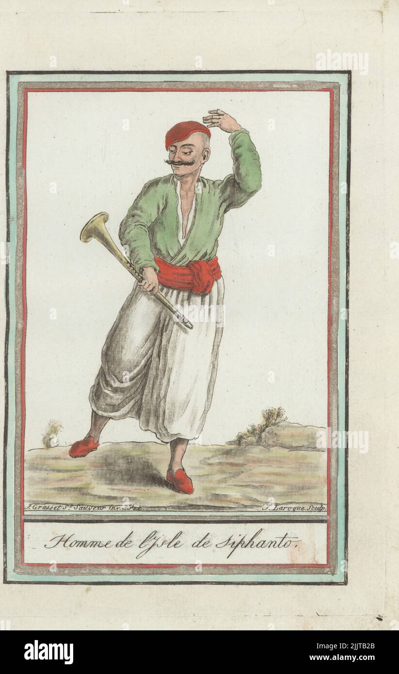 Man of the island of Sifnos, Ottoman Empire, dancing with karamuza. In cap, mustache, tunic, sash belt, harem pants, holding a karamuza or reed instrument. Greek island in the Cyclades archipelago. Homme de l'isle de Siphanto. Handcoloured copperplate engraving by J. Laroque after a design by Jacques Grasset de Saint-Sauveur from his Encyclopedie des voyages, Encyclopedia of Voyages, Bordeaux, France, 1792. Stock Photo