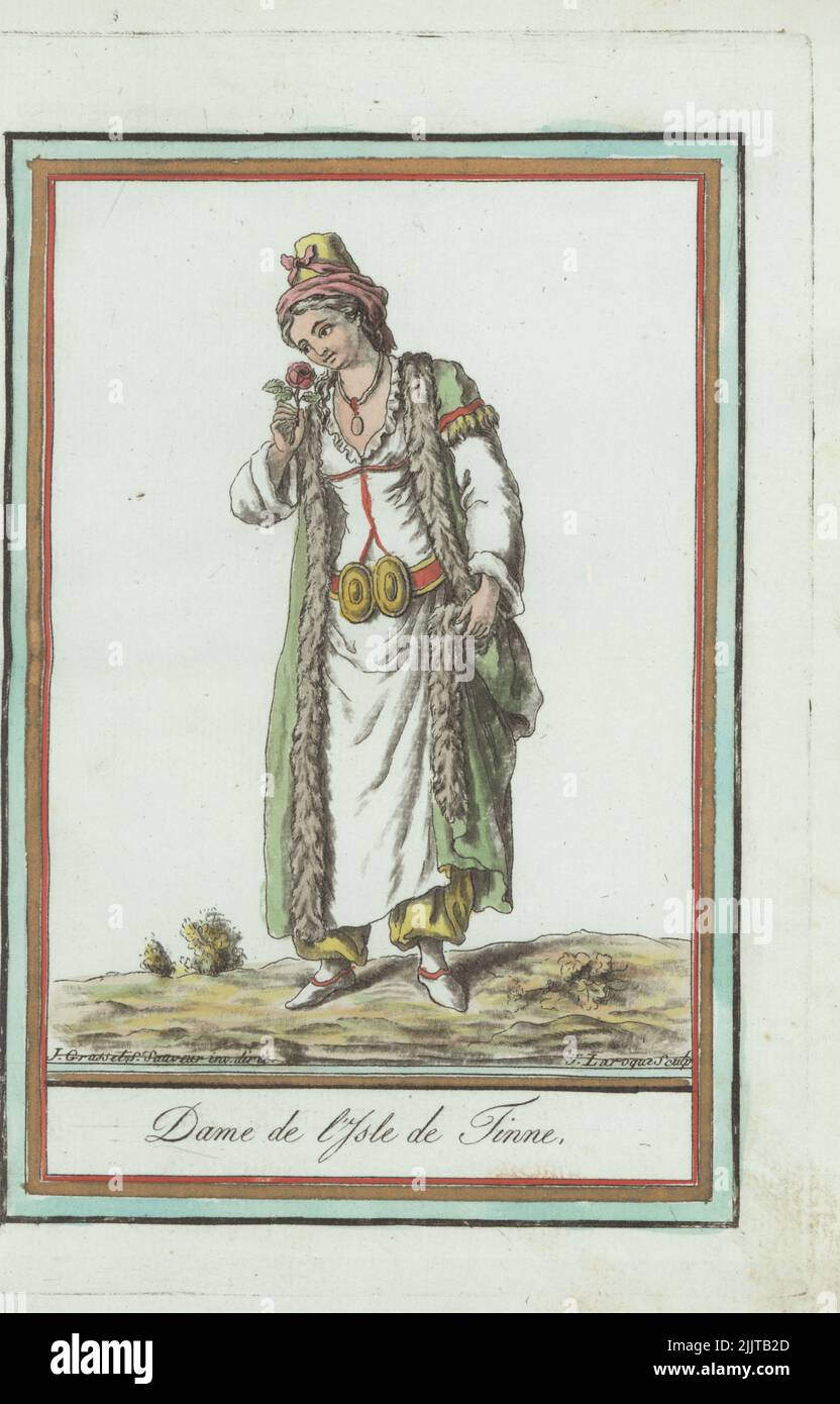 Woman of the island of Tinos or İstendil during the Ottoman Empire. In hat with veil, sleeveless dolman, tunic dress with large belt, harem pants. Greek island of the Cyclades. Dame de l'isle de Tinne. Handcoloured copperplate engraving by J. Laroque after a design by Jacques Grasset de Saint-Sauveur from his Encyclopedie des voyages, Encyclopedia of Voyages, Bordeaux, France, 1792. Stock Photo