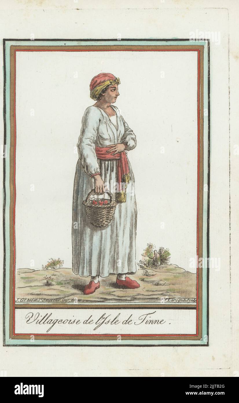Woman villager of the island of Tinos or İstendil, Ottoman Empire. In turban, long robe, sash belt, carrying a basket of fruit. Greek island of the Cyclades. Villageoise de l'isle de Tinne. Handcoloured copperplate engraving by J. Laroque after a design by Jacques Grasset de Saint-Sauveur from his Encyclopedie des voyages, Encyclopedia of Voyages, Bordeaux, France, 1792. Stock Photo