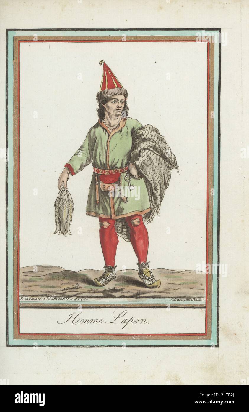 Sami man of Lapland holding caught fish. In pointed fur hat, fur-lined coat, fine animal-skin shirt, leather belt with key, pipe, knife, bag, animal-skin trousers, leather bootlets. Homme de la Laponie. Handcoloured copperplate engraving by J. Laroque after a design by Jacques Grasset de Saint-Sauveur from his Encyclopedie des voyages, Encyclopedia of Voyages, Bordeaux, France, 1792. Stock Photo