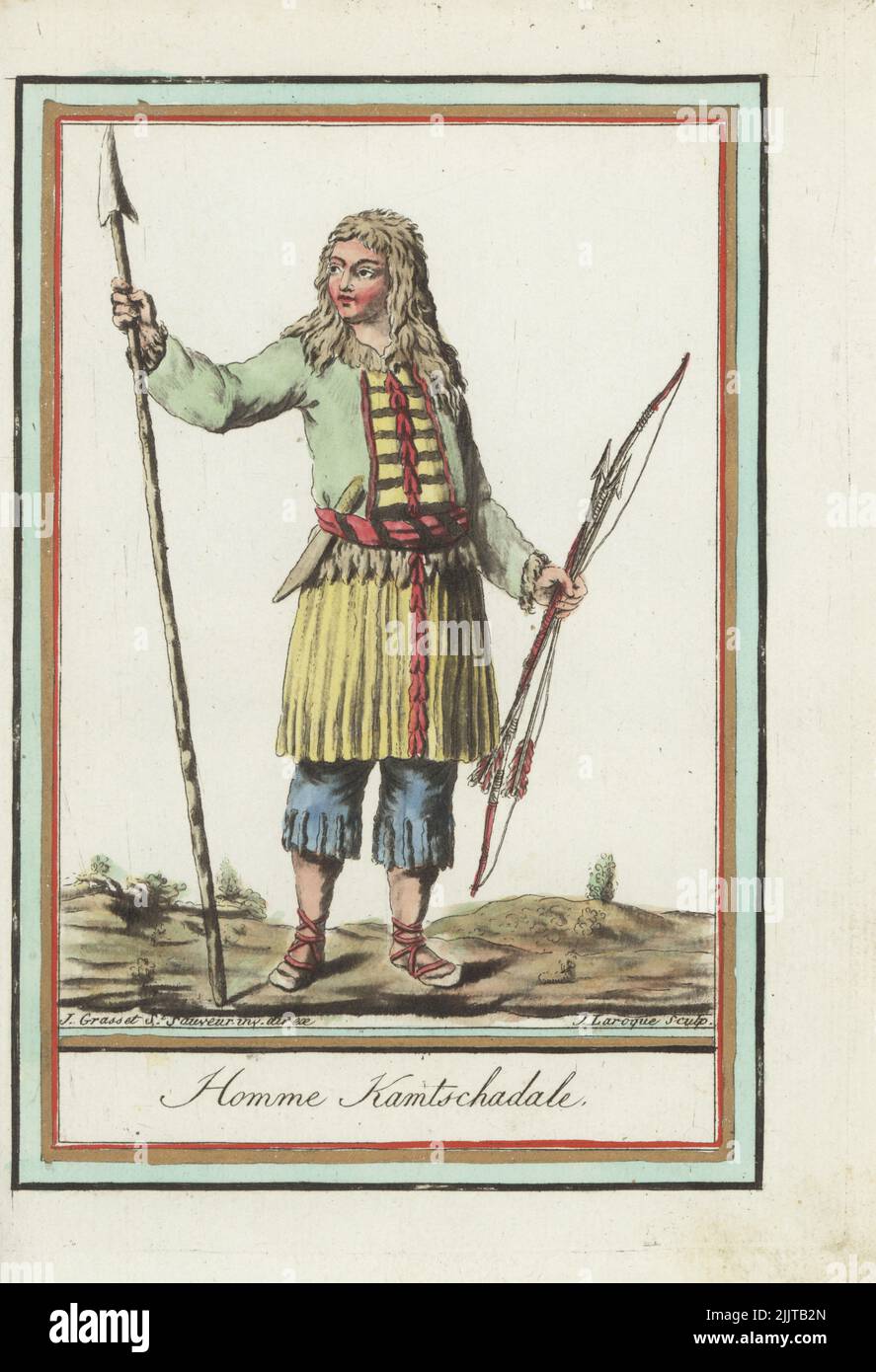 Itelmen or Kamchadal man. In fur-lined jerkin, skirt, trousers, boots, armed with spear, low and arrow, dagger. Aboriginal people of Kamchatka, decimated by Cossacks and smallpox in the 18th century.  Homme Kamtschadale. Handcoloured copperplate engraving by J. Laroque after a design by Jacques Grasset de Saint-Sauveur from his Encyclopedie des voyages, Encyclopedia of Voyages, Bordeaux, France, 1792. Stock Photo
