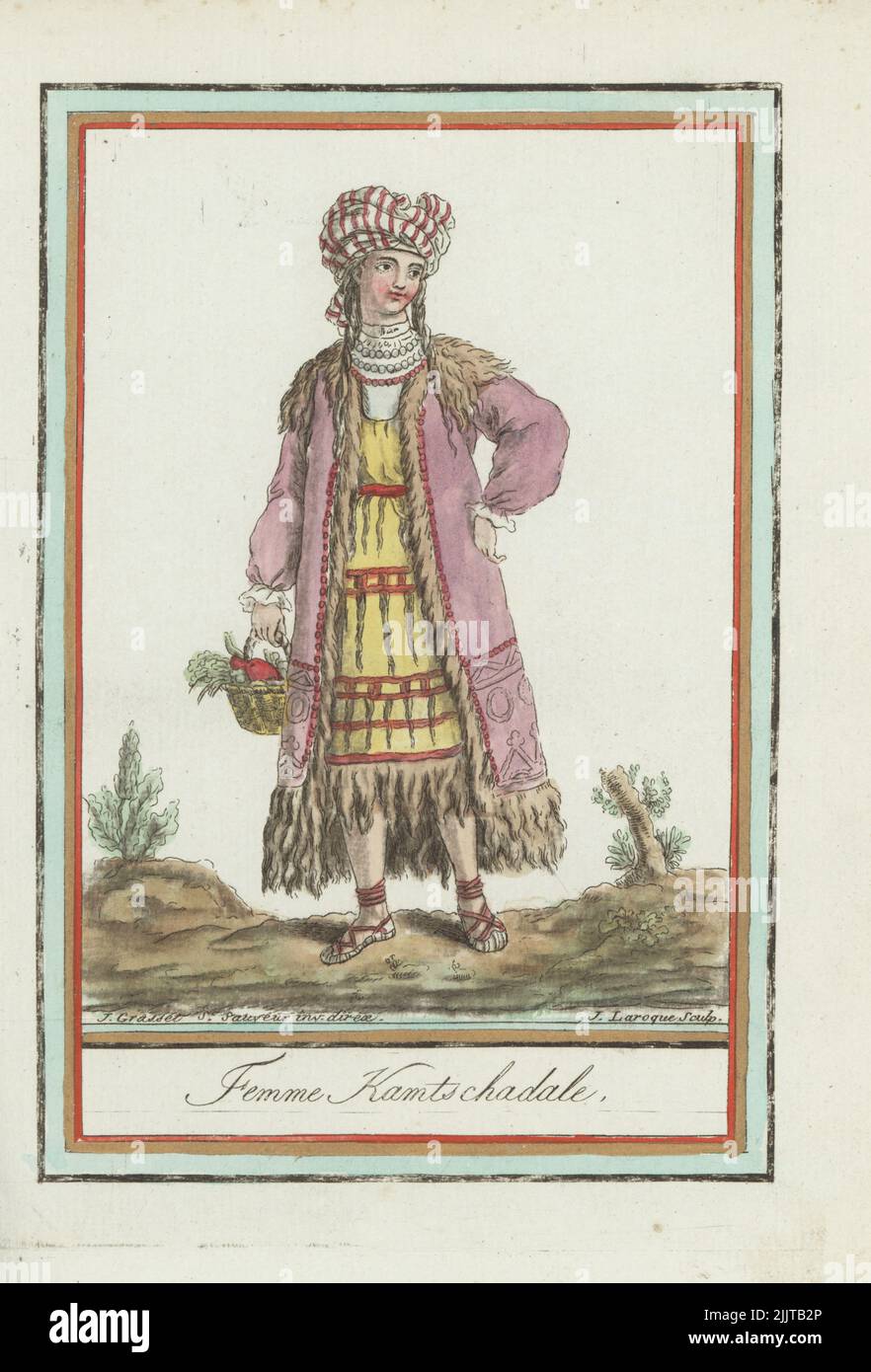 Itelmen or Kamchadal woman. In striped turban, high collar shirt, fur-lined coat, animal-skin gown dressed with fringes, sandals, holding a basket of vegetables. Aboriginal people of Kamchatka, decimated by Cossacks and smallpox in the 18th century. Femme Kamtschadale. Handcoloured copperplate engraving by J. Laroque after a design by Jacques Grasset de Saint-Sauveur from his Encyclopedie des voyages, Encyclopedia of Voyages, Bordeaux, France, 1792. Stock Photo