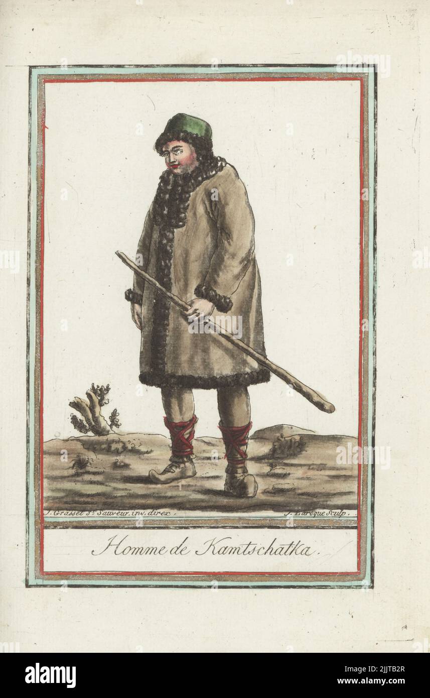 Costume of a man of Kamchatka, Itelmen, Koryak or Ainu. In furred hat and coat, trousers and leggings, leather boots, holding a club. Homme de Kamtschatka. Handcoloured copperplate engraving by J. Laroque after a design by Jacques Grasset de Saint-Sauveur from his Encyclopedie des voyages, Encyclopedia of Voyages, Bordeaux, France, 1792. Stock Photo
