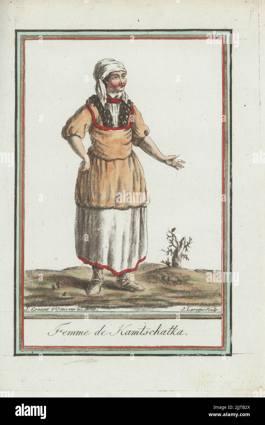 Woman of Kamchatka, Itelmen, Koryak or Ainu. In kerchief headdress, fur-lined gown over skirts, leather shoes. Femme de Kamtschatka. Handcoloured copperplate engraving by J. Laroque after a design by Jacques Grasset de Saint-Sauveur from his Encyclopedie des voyages, Encyclopedia of Voyages, Bordeaux, France, 1792. Stock Photo