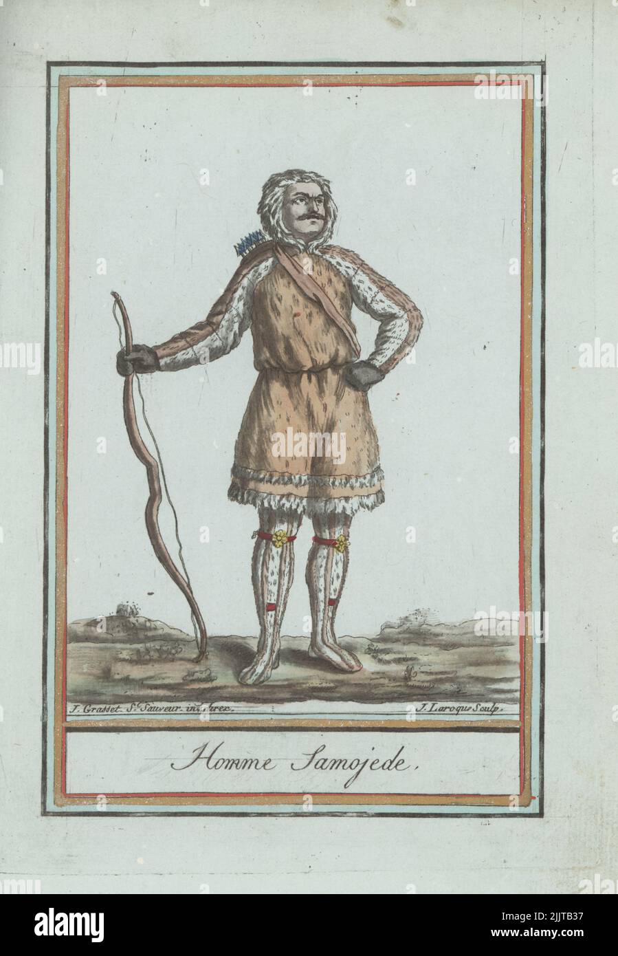Samoyedic man of Siberia, Nenets, Enets, Nganasans or Selkups people. In hooded coat or parka and leggings made of animal skins (dog, fox, reindeer and wolf) and duck feathers, armed with bow and quiver of arrows. Homme Samoyede. Handcoloured copperplate engraving by J. Laroque after a design by Jacques Grasset de Saint-Sauveur from his Encyclopedie des voyages, Encyclopedia of Voyages, Bordeaux, France, 1792. Stock Photo