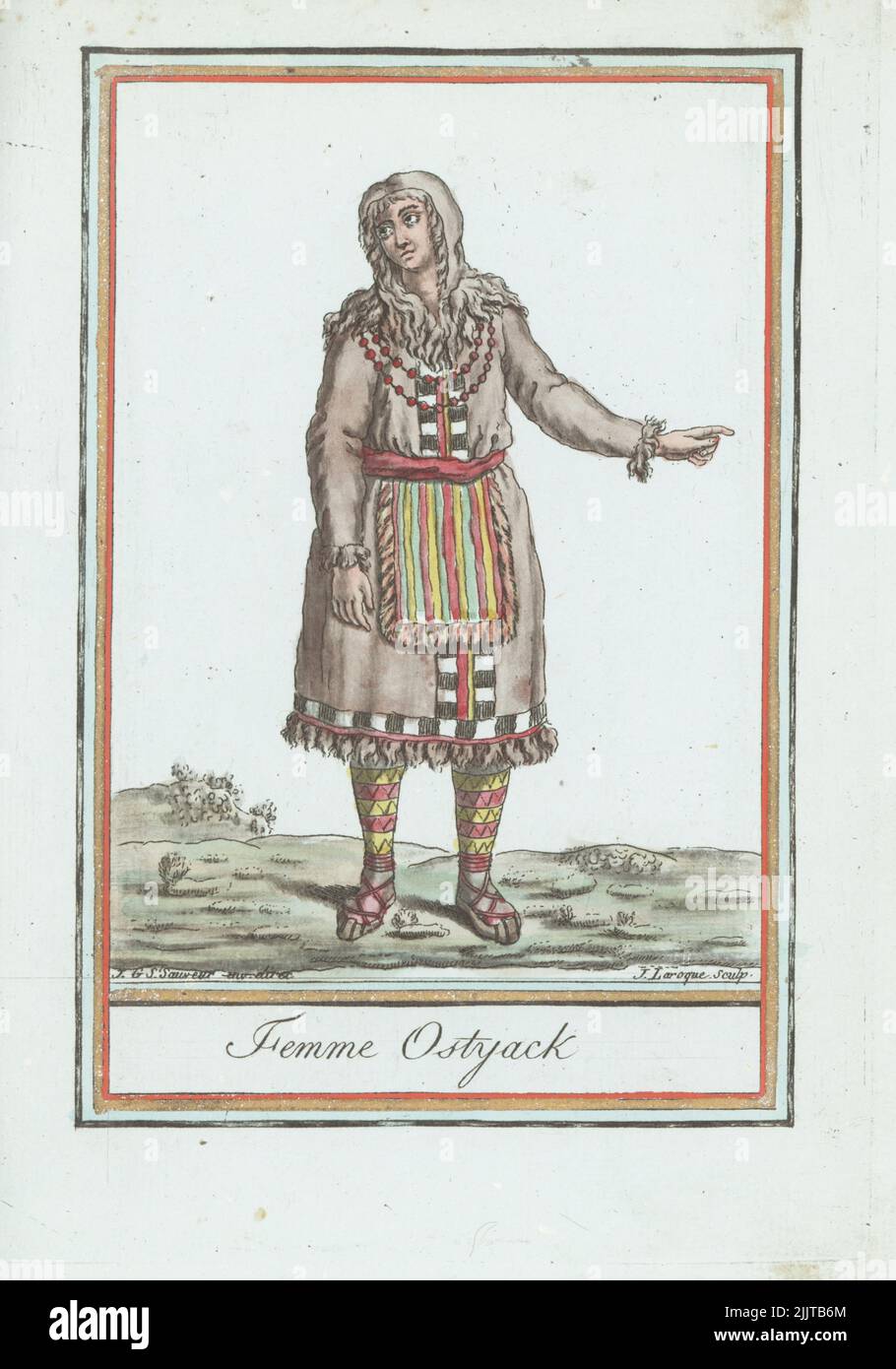 Ostyak woman of Siberia: Khanty or Ket people. In hooded coat of bear or reindeer skin, with beaded necklaces, striped apron, leggings and leather bootlets. Femme Ostyack. Handcoloured copperplate engraving by J. Laroque after a design by Jacques Grasset de Saint-Sauveur from his Encyclopedie des voyages, Encyclopedia of Voyages, Bordeaux, France, 1792. Stock Photo