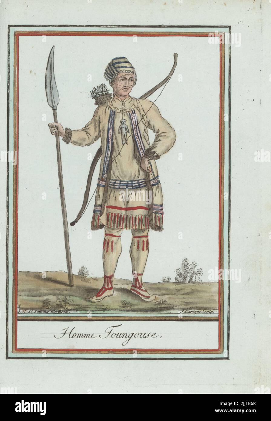 Evenks or Tungusic man of Siberia. Hunter in hat, facial tattoo,  coat, breeches and apron of deer skin, decorated with beads and fringes. Armed with spear, bow, quiver and arrows. Homme Tounguses. Handcoloured copperplate engraving by J. Laroque after a design by Jacques Grasset de Saint-Sauveur from his Encyclopedie des voyages, Encyclopedia of Voyages, Bordeaux, France, 1792. Stock Photo