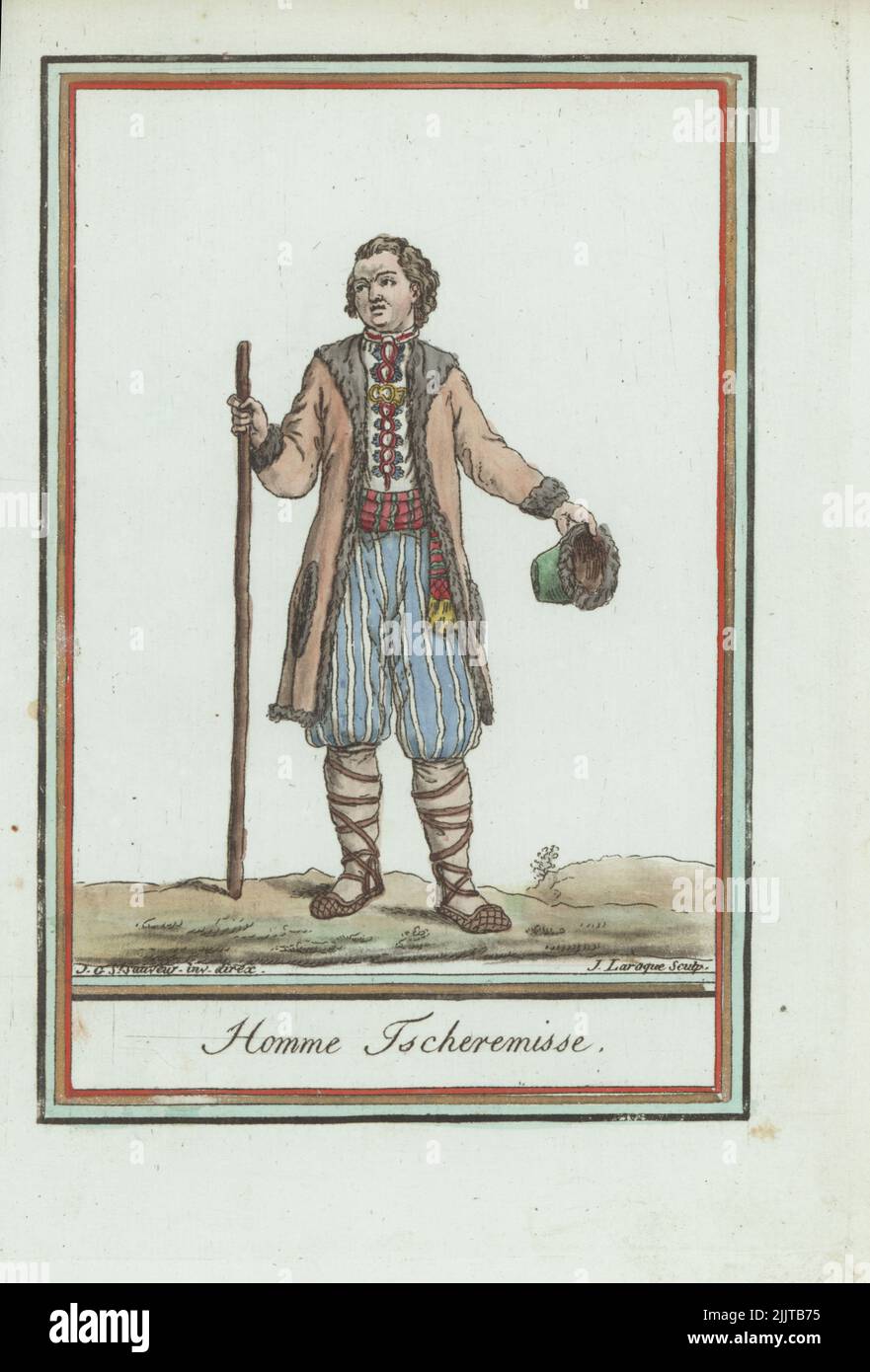 Man of the Mari people (Cheremisa or Cheremis) of Russia. In furred jerkin coat, embroidered linen shirt, sash, culottes, gaiters, shoes, holding a staff and fur cap. Homme Tscheremisse. Handcoloured copperplate engraving by J. Laroque after a design by Jacques Grasset de Saint-Sauveur from his Encyclopedie des voyages, Encyclopedia of Voyages, Bordeaux, France, 1792. Stock Photo