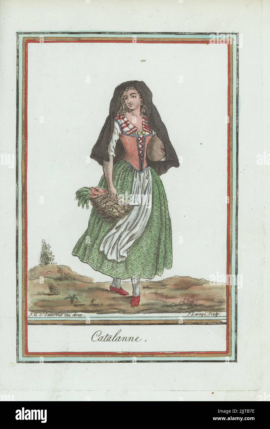Catalan woman, Catalonia, Spain. In a long black veil, laced corset, kerchief a la francais over the bust, long skirts, apron, shoes, holding a basket of vegetables and fish. Catalanne. Handcoloured copperplate engraving by J. Laroque after a design by Jacques Grasset de Saint-Sauveur from his Encyclopedie des voyages, Encyclopedia of Voyages, Bordeaux, France, 1792. Stock Photo