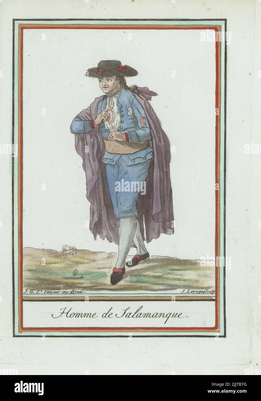Man of Salamanca, Kingdom of Leon, Spain. In wide brim hat with cockade, long hair in a pigtail, embroidered shirt, matching waistcoat and culottes, wide belt, large Spanish cloak in contrasting colour. Homme de Salamanque, Royaume de Leon. Handcoloured copperplate engraving by J. Laroque after a design by Jacques Grasset de Saint-Sauveur from his Encyclopedie des voyages, Encyclopedia of Voyages, Bordeaux, France, 1792. Stock Photo