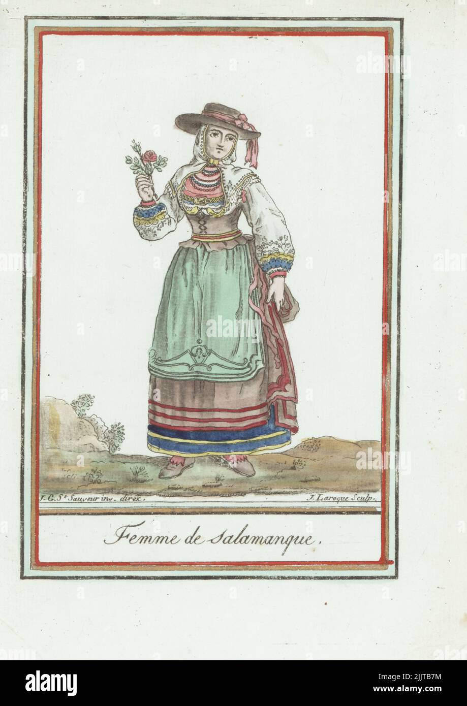 Woman of Salamanca, Kingdom of Leon, Spain. In wide brim hat with ribbons, chaperon or kerchief tied to an embroidered corset, blouse with embroidered sleeves, apron and long skirts. She holds a single rose. Femme de Salamanque., Royaume de Leon.  Handcoloured copperplate engraving by J. Laroque after a design by Jacques Grasset de Saint-Sauveur from his Encyclopedie des voyages, Encyclopedia of Voyages, Bordeaux, France, 1792. Stock Photo