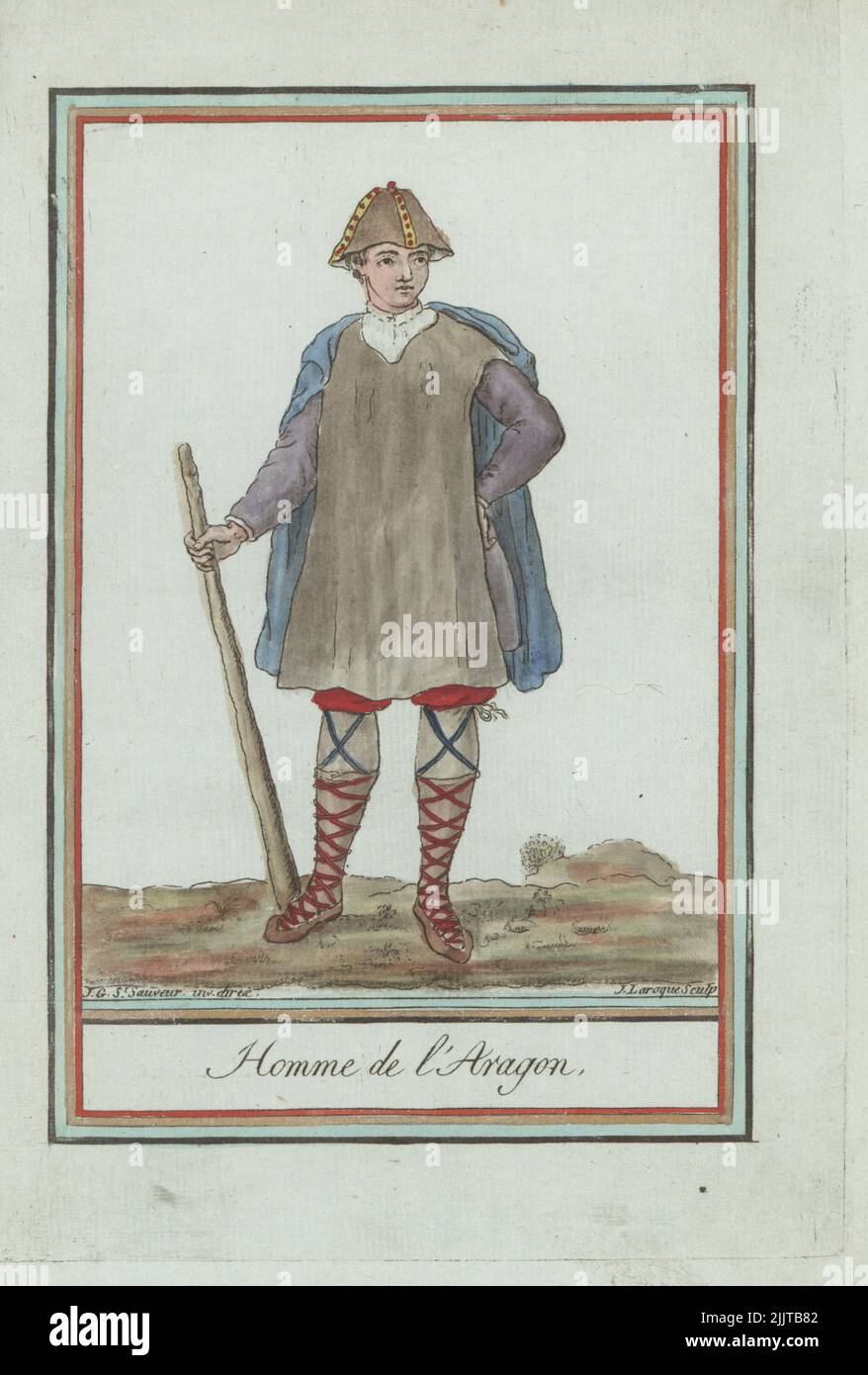 Man of Aragon, Spain. In conical hat decorated with ribbons, wool tunic over a jerkin, short cape, culottes, gaiters and shoes, holding a cudgel. Homme de l'Aragon. Handcoloured copperplate engraving by J. Laroque after a design by Jacques Grasset de Saint-Sauveur from his Encyclopedie des voyages, Encyclopedia of Voyages, Bordeaux, France, 1792. Stock Photo
