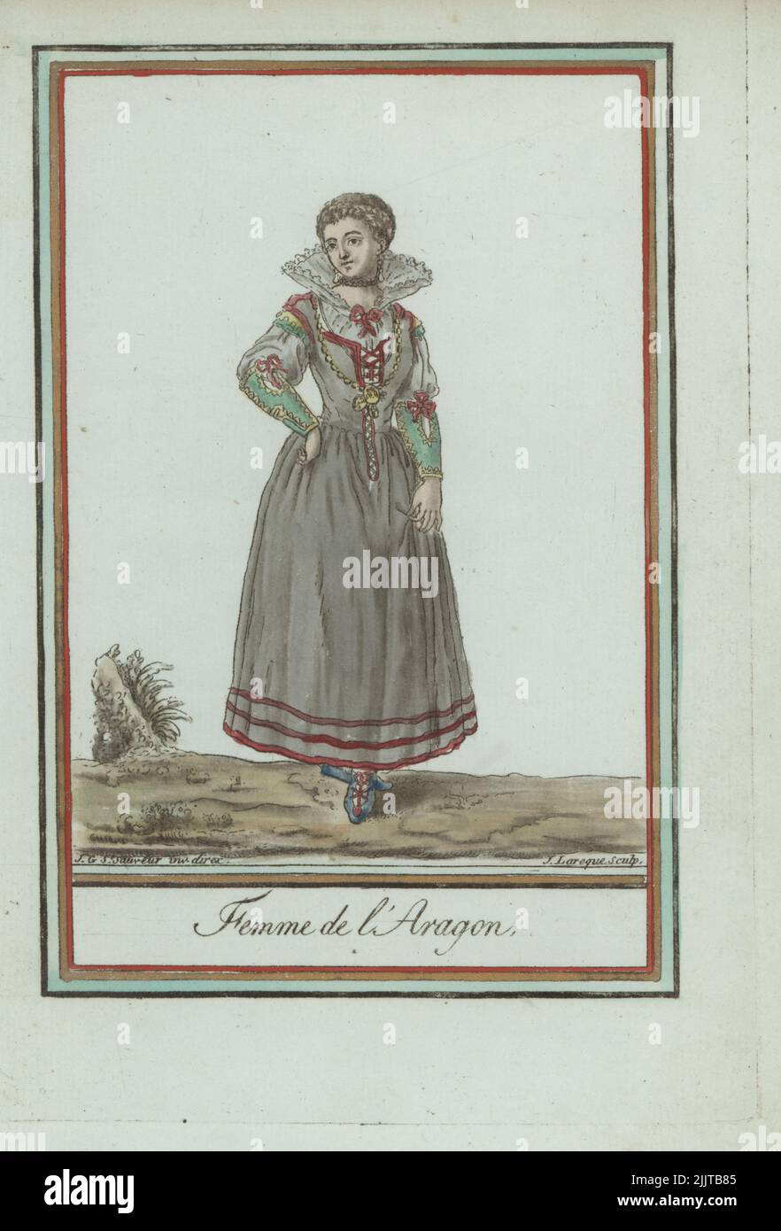 Woman of Aragon, Spain. In a gown with laced corset, contrasting amadis sleeves, full skirts, lace ruff collar standing up from the chemise. Femme de l'Aragon. Handcoloured copperplate engraving by J. Laroque after a design by Jacques Grasset de Saint-Sauveur from his Encyclopedie des voyages, Encyclopedia of Voyages, Bordeaux, France, 1792. Stock Photo