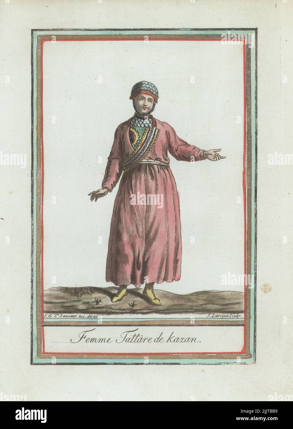 Tatar woman of Kazan. In hat tied under the chin, embroidered tunic open at the breast to reveal an embroidered chemise, slippers. Femme Tattare de Kazan. Handcoloured copperplate engraving by J. Laroque after a design by Jacques Grasset de Saint-Sauveur from his Encyclopedie des voyages, Encyclopedia of Voyages, Bordeaux, France, 1792. Stock Photo