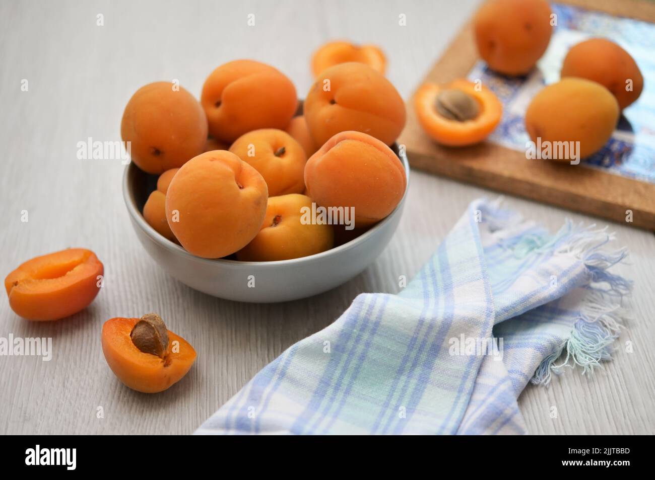 Closeup Delicious Fresh Ripe Apricots On Wooden Table Stock Photo