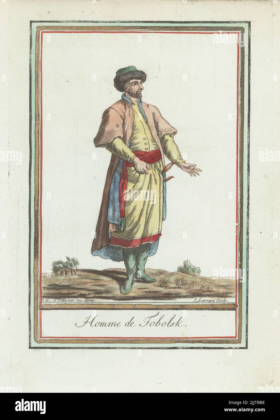 Tatar man of Tobolsky. In fur hat, short-sleeve coat, tunic with sash belt with two scimitars, boots. Homme de Tobolsk. Handcoloured copperplate engraving by J. Laroque after a design by Jacques Grasset de Saint-Sauveur from his Encyclopedie des voyages, Encyclopedia of Voyages, Bordeaux, France, 1792. Stock Photo