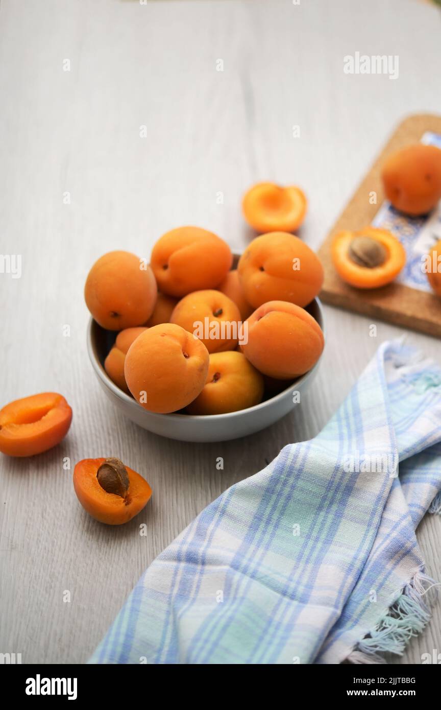 Closeup Delicious Fresh Ripe Apricots On Wooden Table Stock Photo