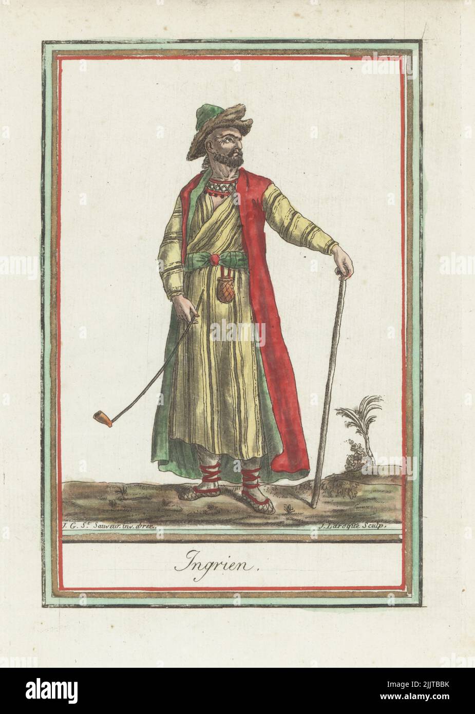 Ingrian man of Saint Petersburg, Russia. In Russian fur cap, sleeveless tunic, animal-skin robe with coloured bands, belt, gaiters, leather shoes, holding a tobacco pipe and staff. Ingrien. Handcoloured copperplate engraving by J. Laroque after a design by Jacques Grasset de Saint-Sauveur from his Encyclopedie des voyages, Encyclopedia of Voyages, Bordeaux, France, 1792. Stock Photo