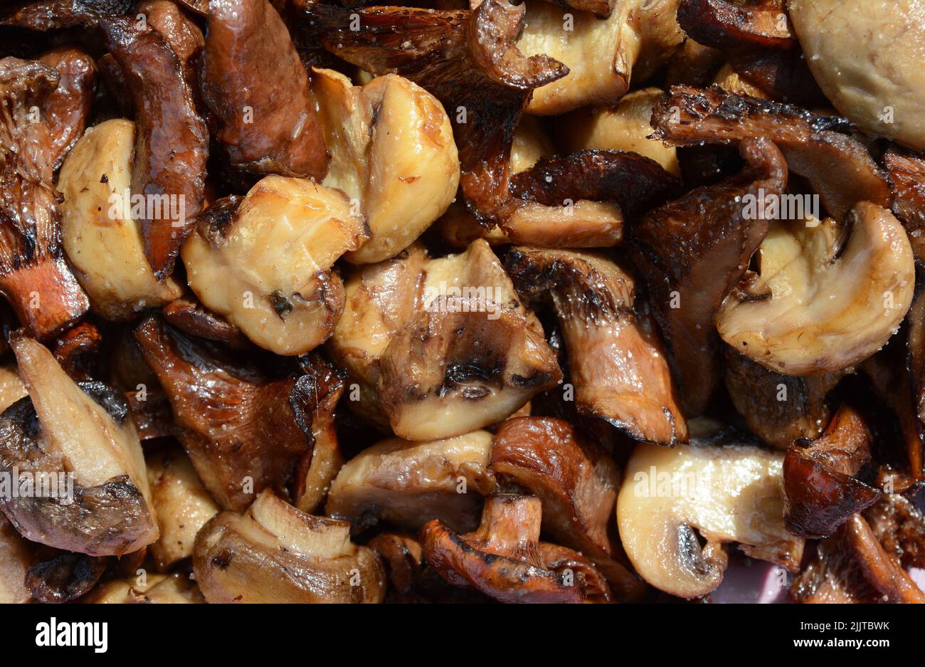 Frying mushrooms in oil. Delicious fried mushrooms in pan Stock Photo