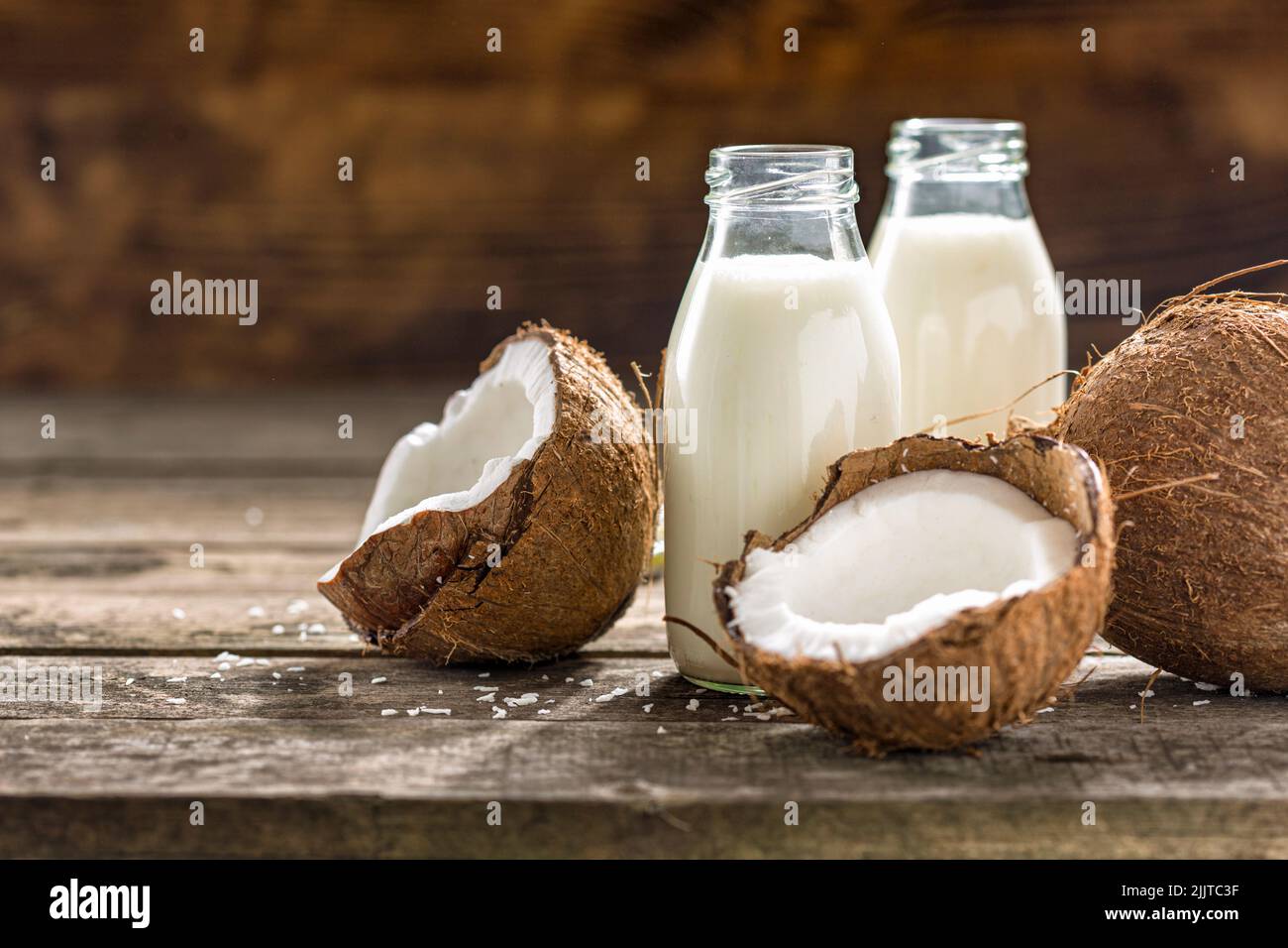 Vegan non dairy healthy or fermented drink Coconut kefir in glass bottle healthy drink Stock Photo