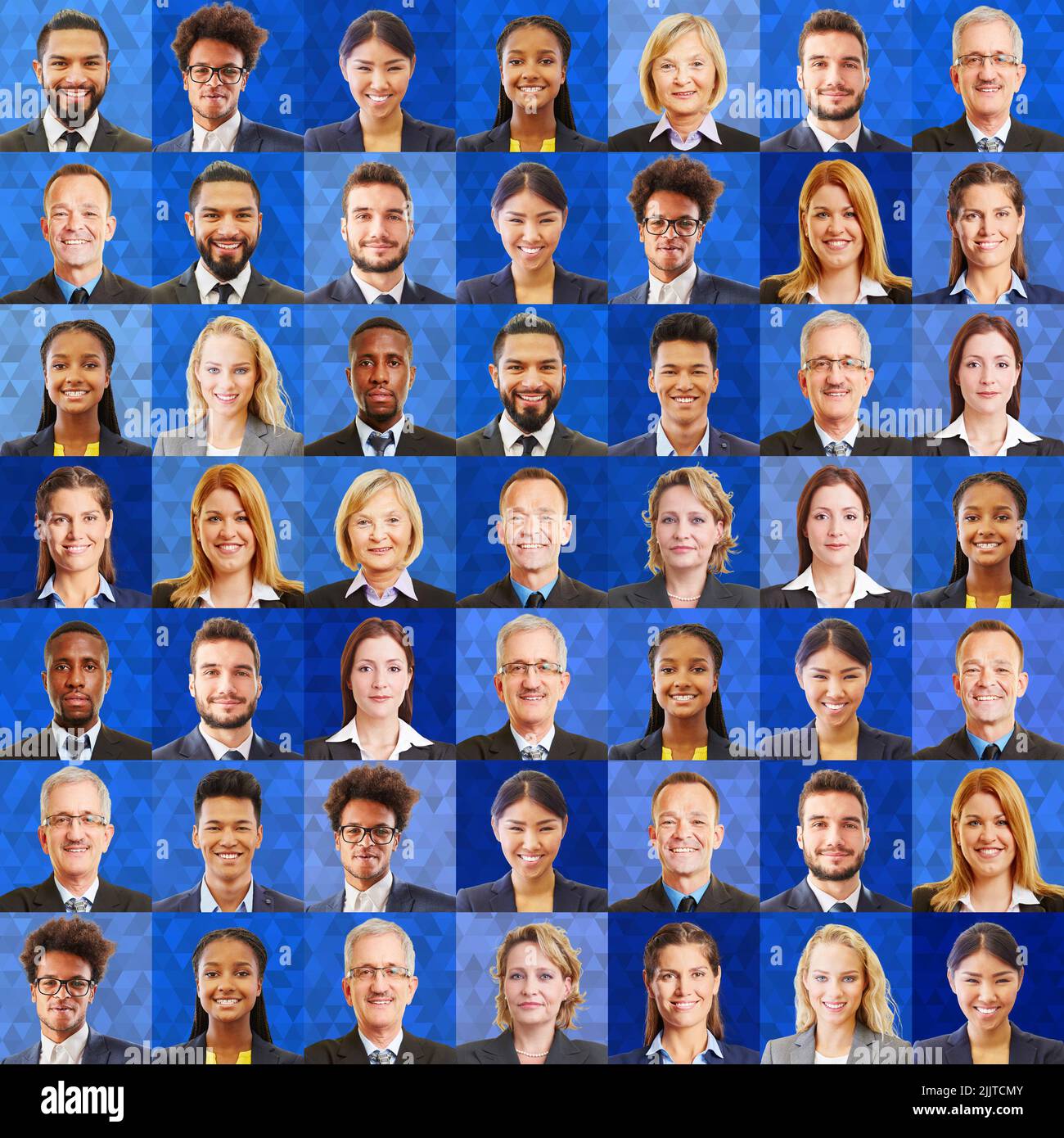 Square of many business portraits in front of a blue polygon background as a digitization concept Stock Photo