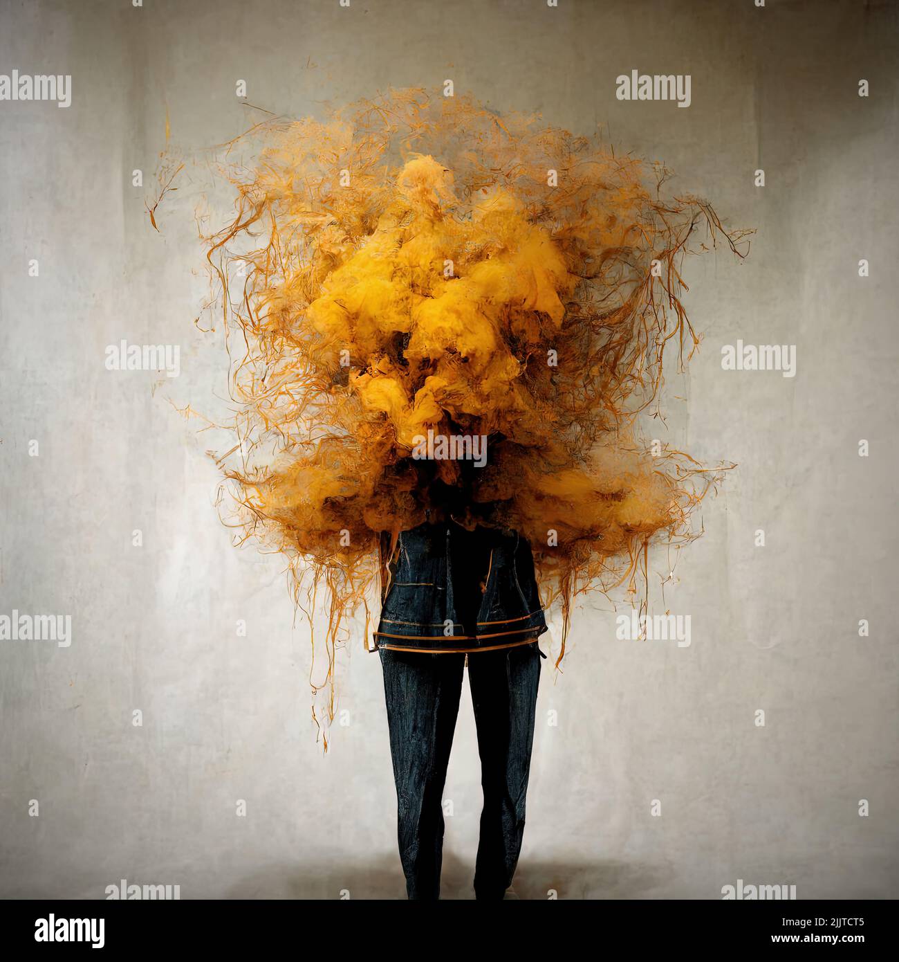 person stands with head in a yellow fog as depression and burnout concept; ; Stock Photo