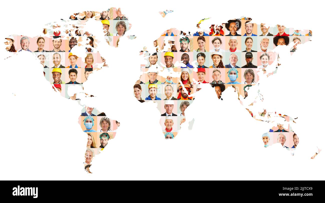 Employee portraits of different professions and industries on world map as labor market concept Stock Photo