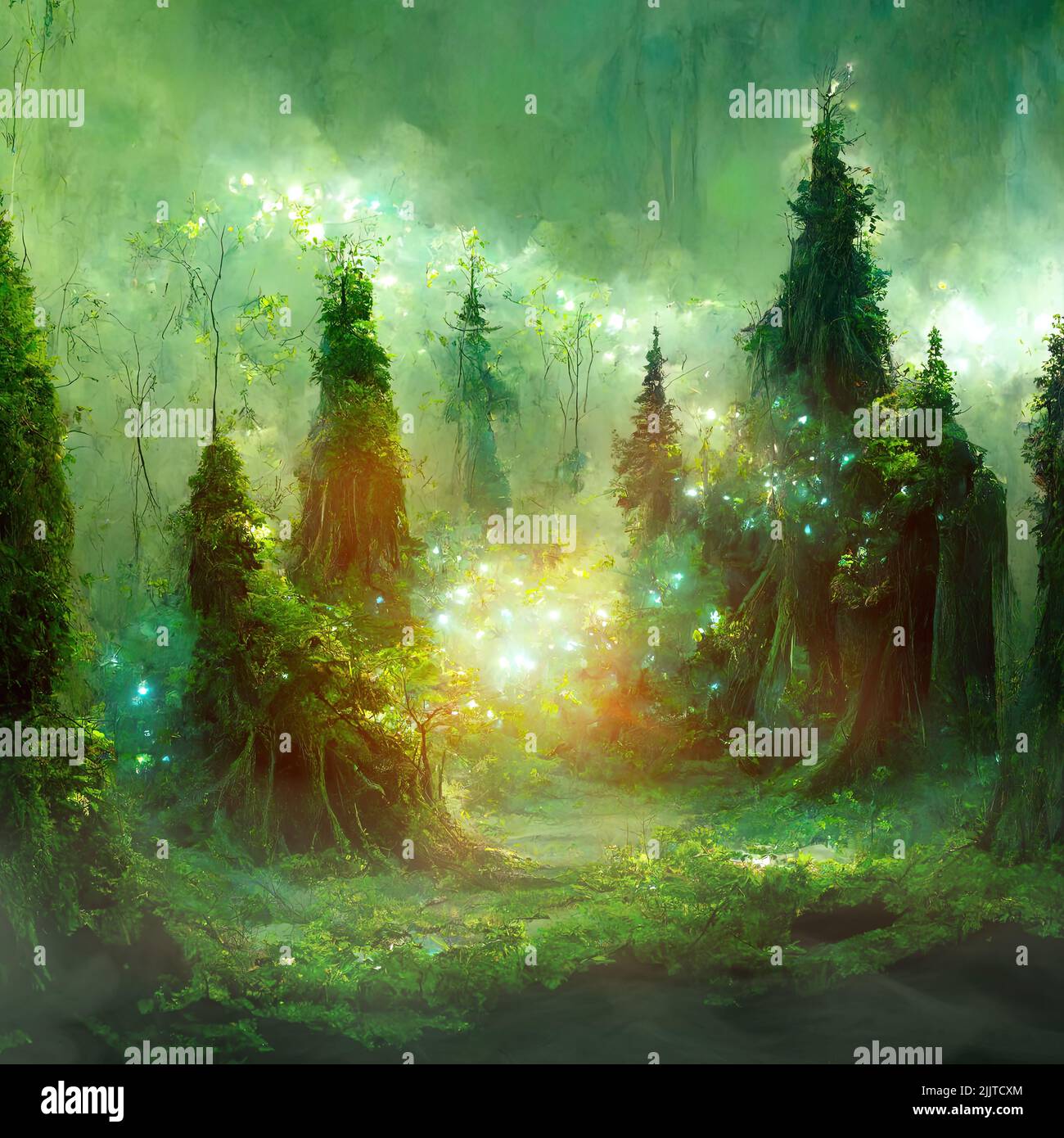 Beautiful magical fairy forest with glowing lights and old trees Stock Photo