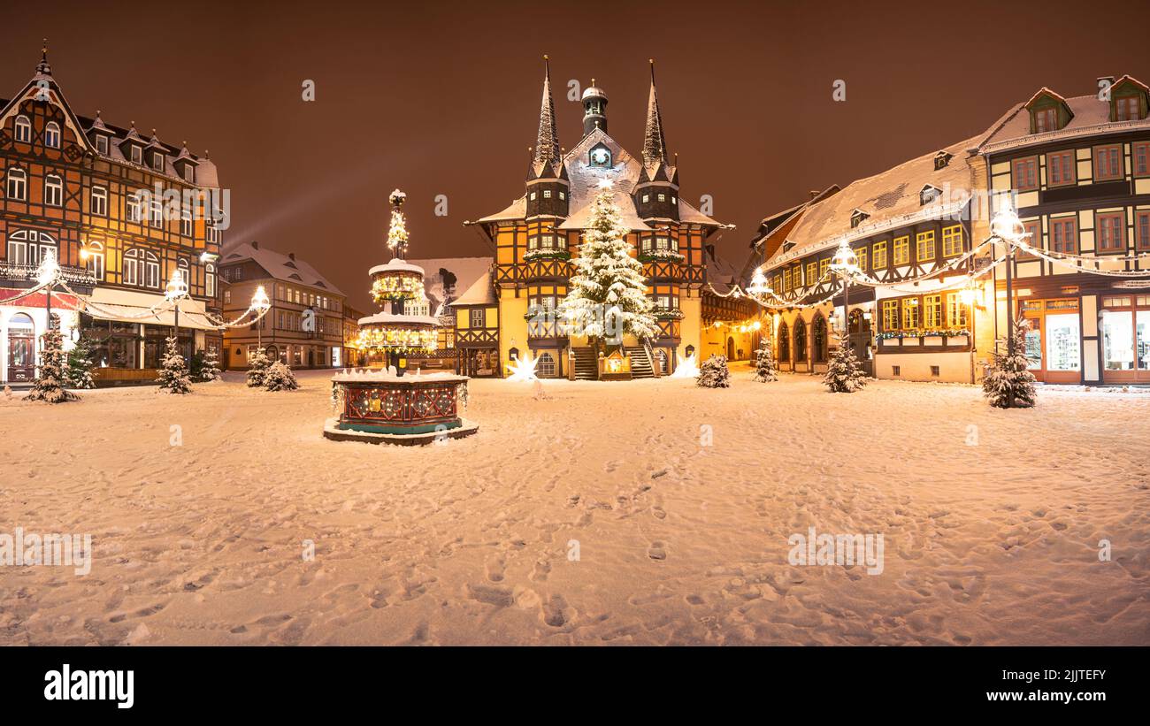 Panorama Winter Town Hall Wernigerode at night Stock Photo