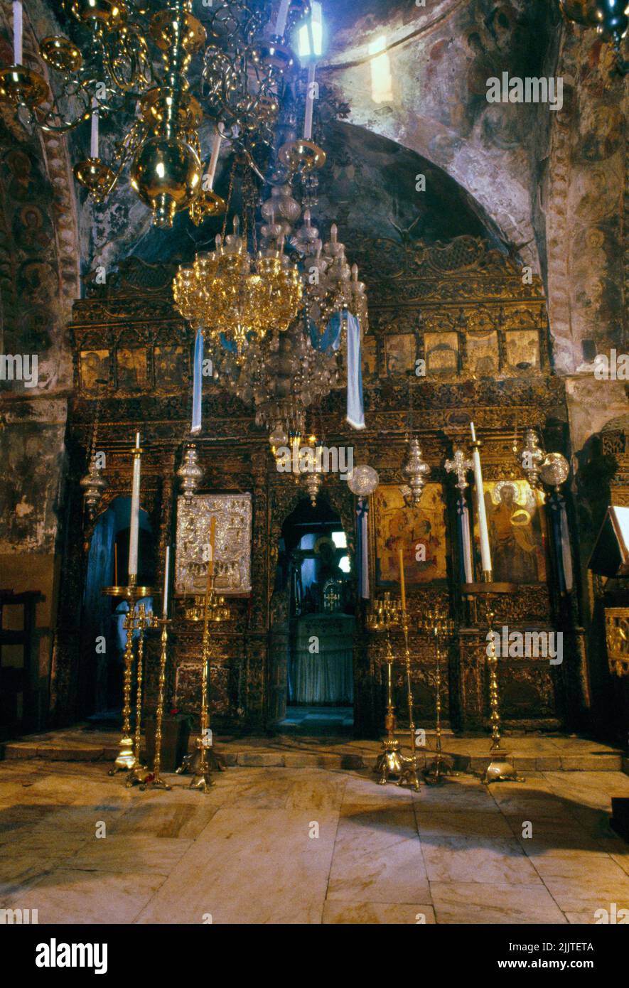 Samos Greece interior of 17th Century Monastery of Agia Zoni Showing the Wooden Iconostasis Stock Photo