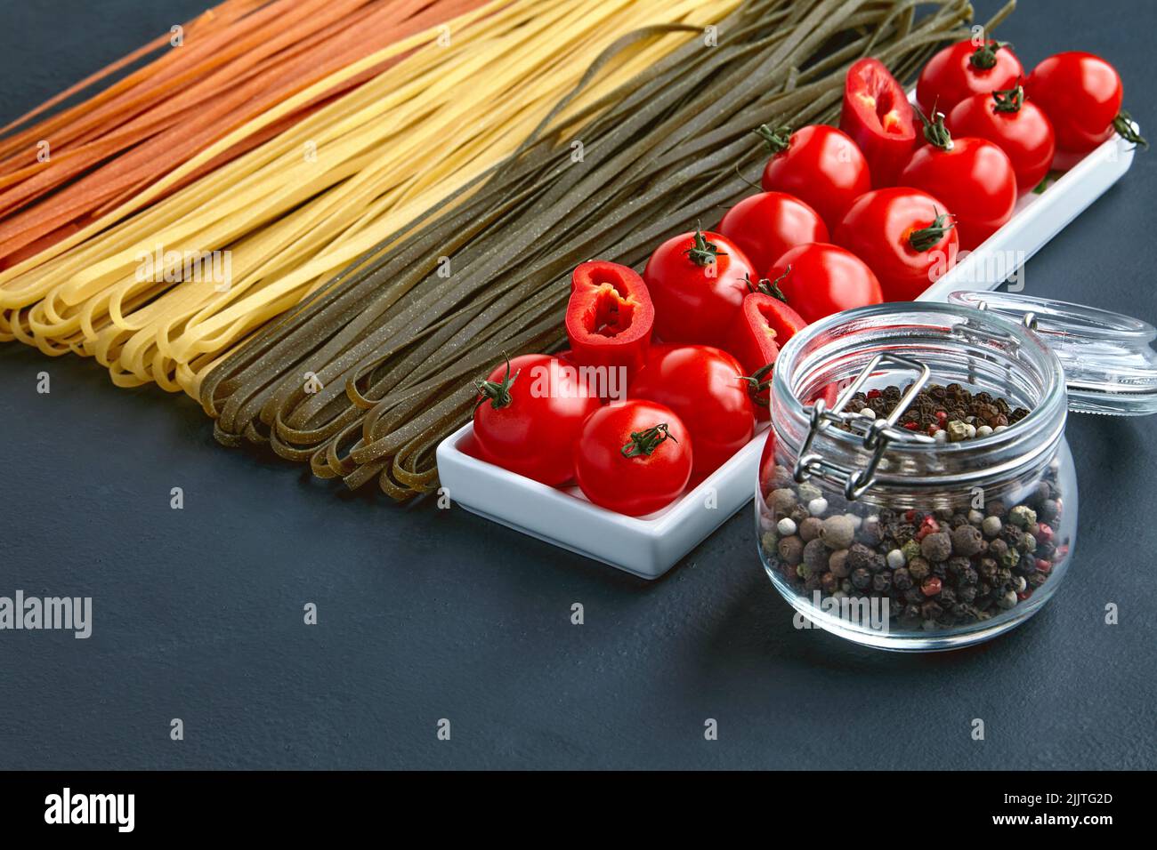 Homemade pasta noodles in different colors with natural vegetable