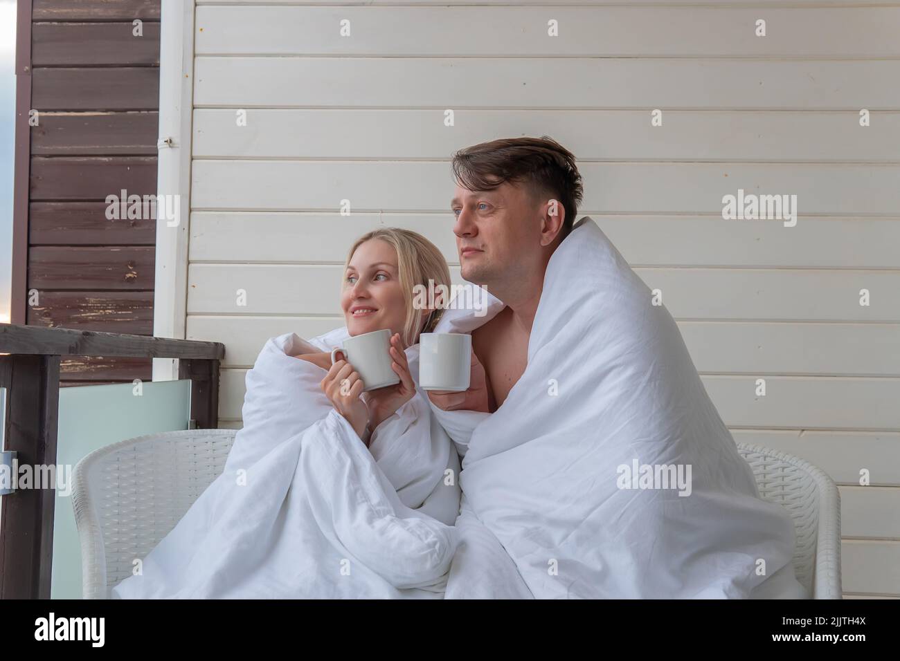 Happy drink couple girl blanket guy cute married young family, for adult man for romance and