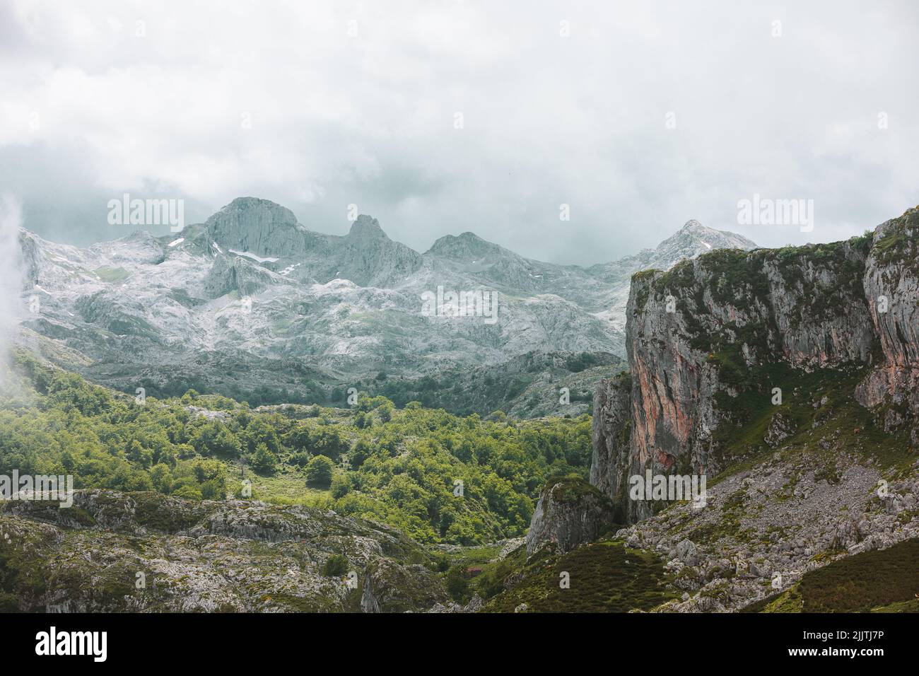 A foggy day in the mountains Stock Photo