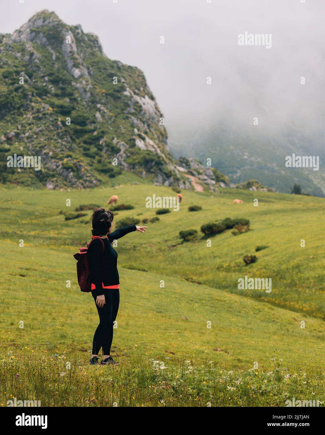A hiker in a backpack in a foggy mountain Stock Photo