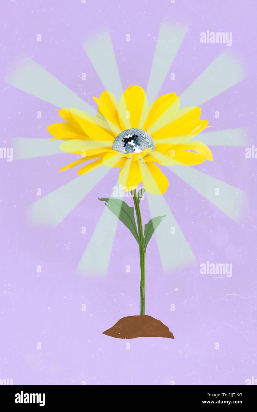 Vertical collage illustration of growing flower glowing disco ball inside isolated on purple
