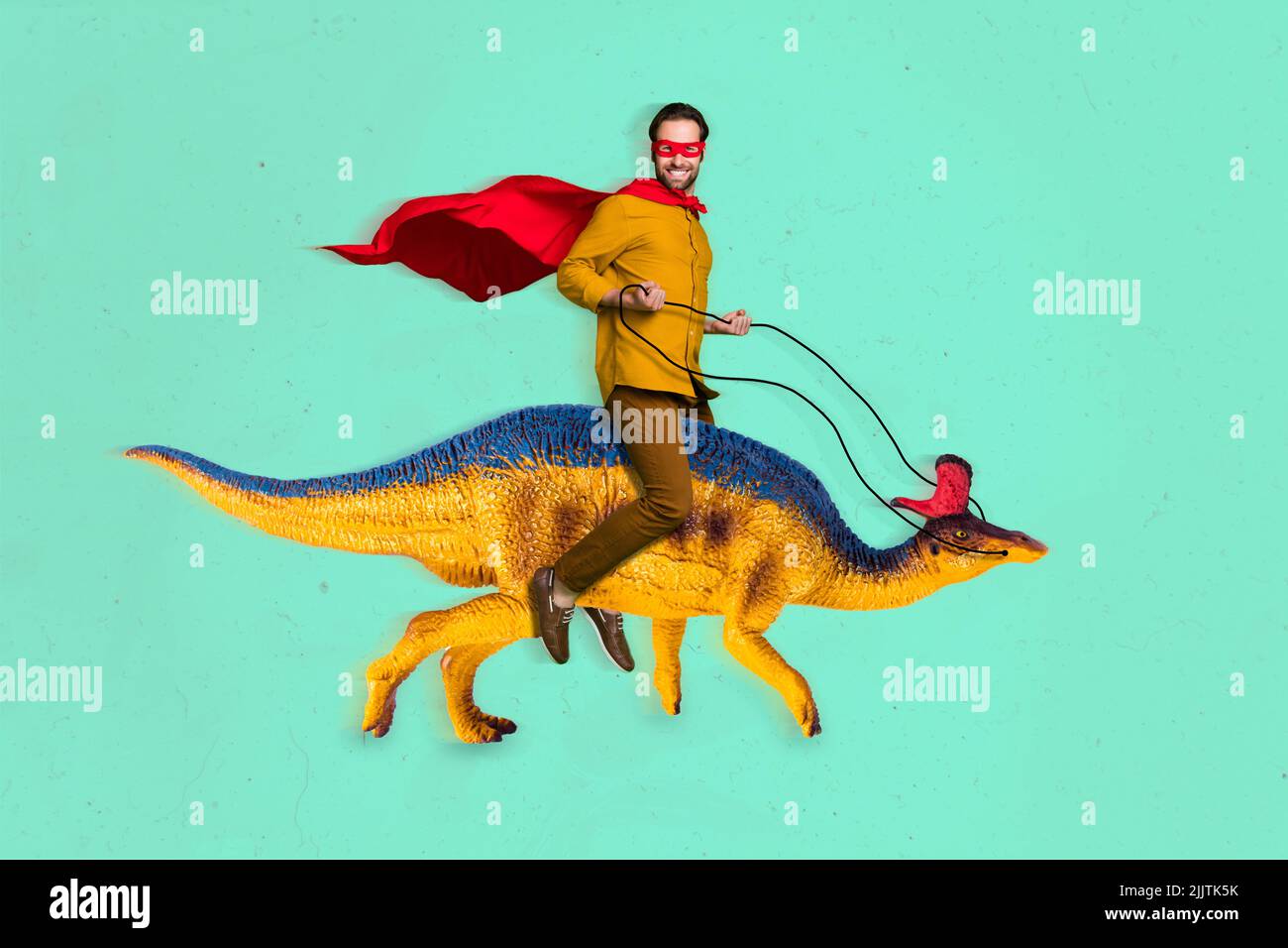 Composite collage picture of excited guy wear red mantle riding dinosaur isolated on creative background Stock Photo