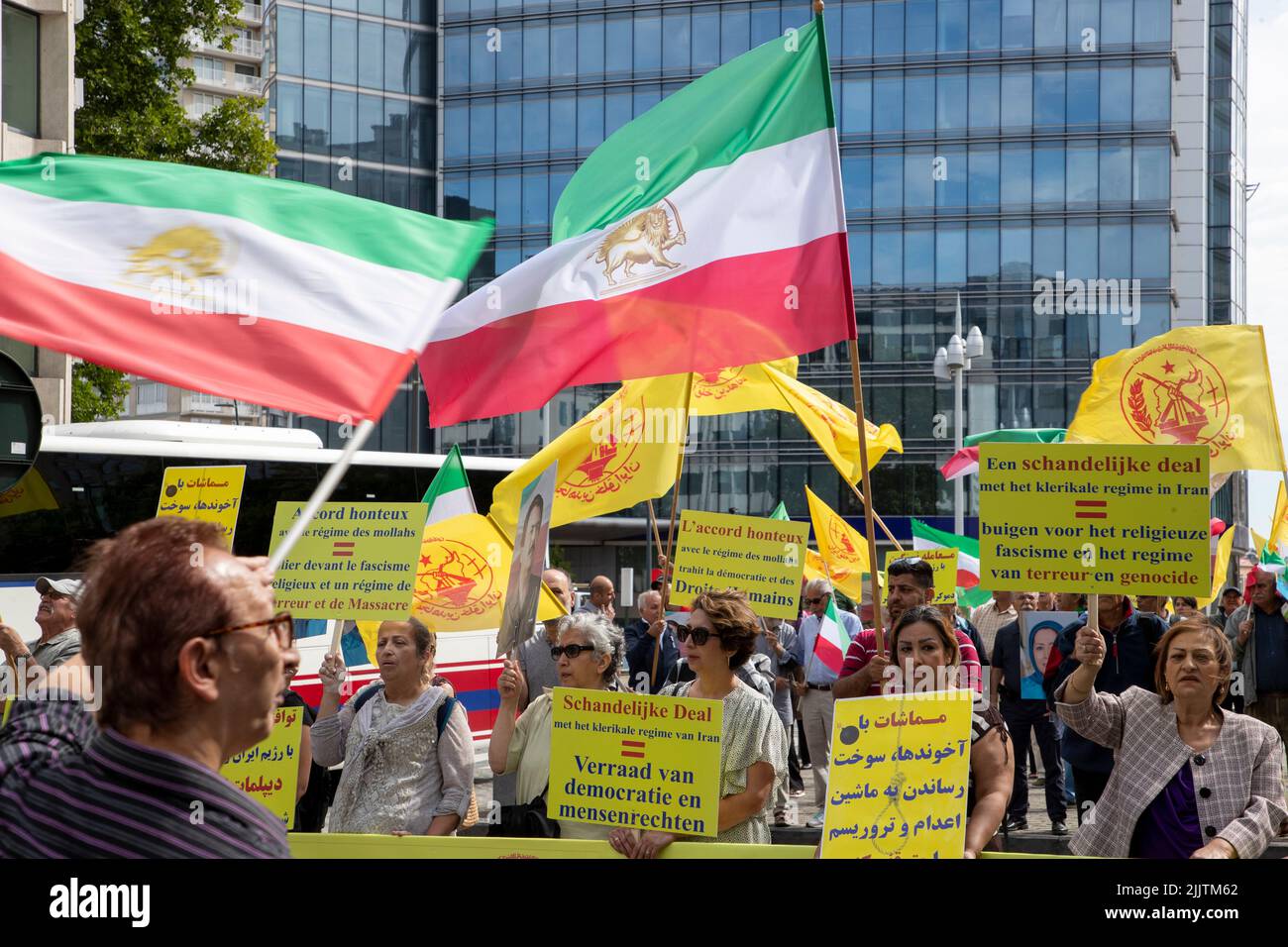 Illustration picture shows a protest against the treaty between the Belgian government and the Iranian regime, in Brussels, Thursday 28 July 2022. In recent days there has been discussion about a bill that would allow Belgium to exchange prisoners with Iran. BELGA PHOTO NICOLAS MAETERLINCK Stock Photo