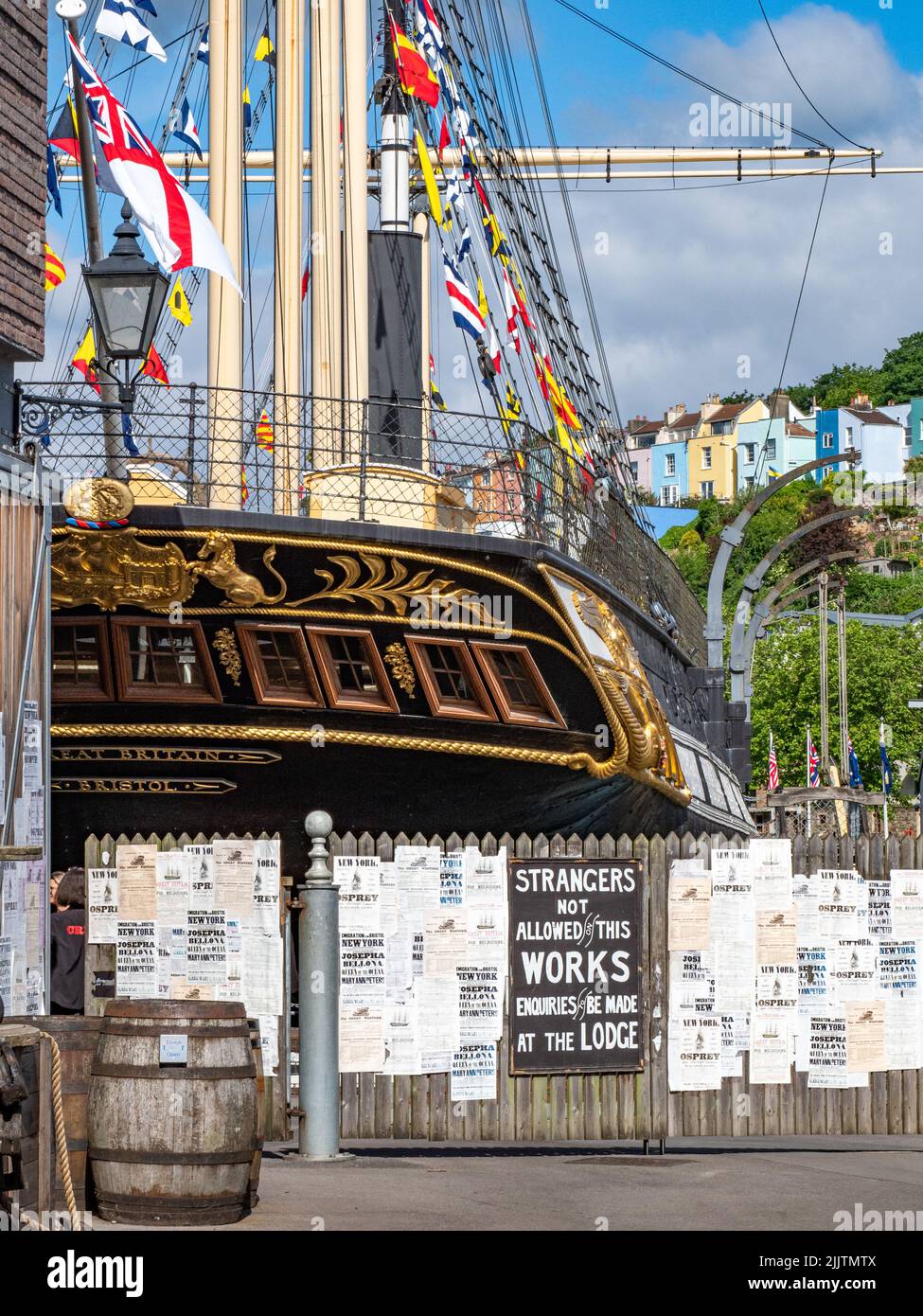 The elaborate stern section of Brunel's historic SS Great Britainand enterance to the docks in Bristol Stock Photo