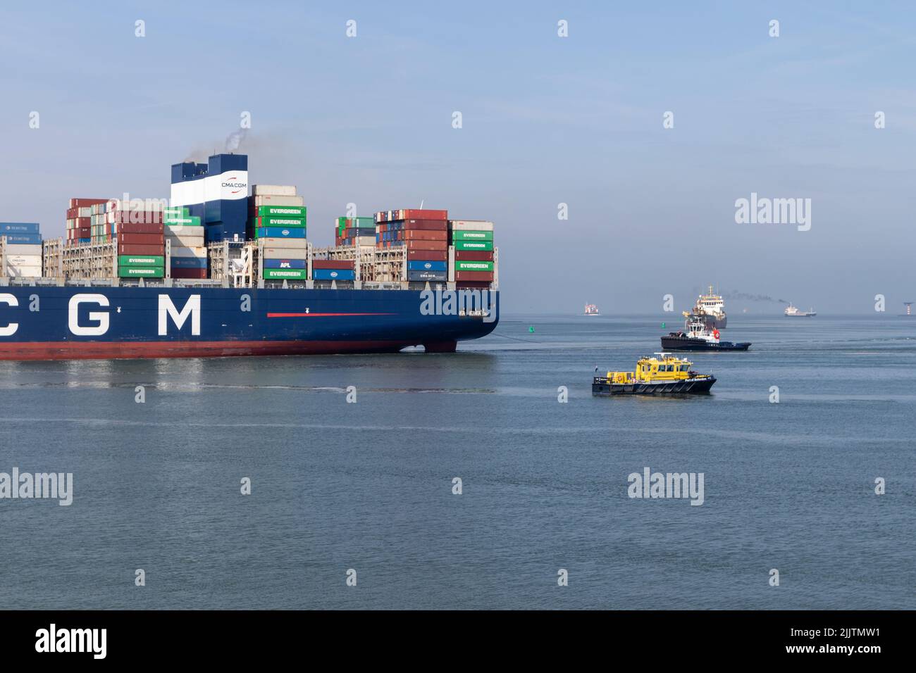 A closeup shot of the CMA CGM Zheng He containership in Rotterdam, Netherlands Stock Photo