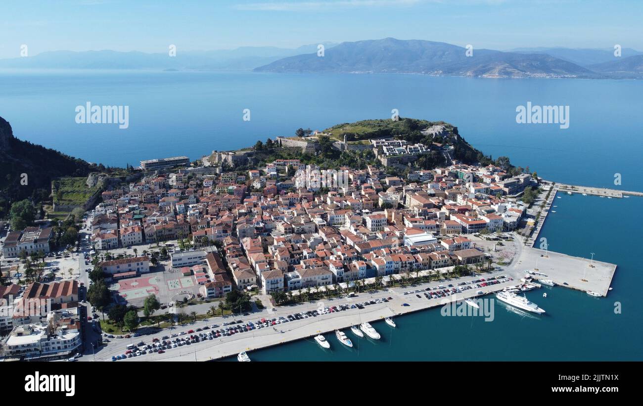 An aerial view of the seaside Nafplion city in Greece Stock Photo