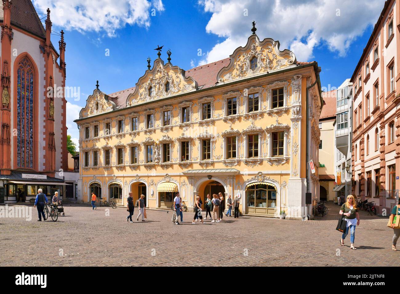 Würzburg, Germany - June 2022: Public library building called 'Haus zum Falken' with stucco decoration in Rococo architecture style Stock Photo