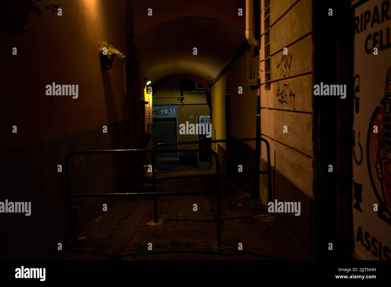 Alley lit by a single street light with bars blocking the way Stock ...