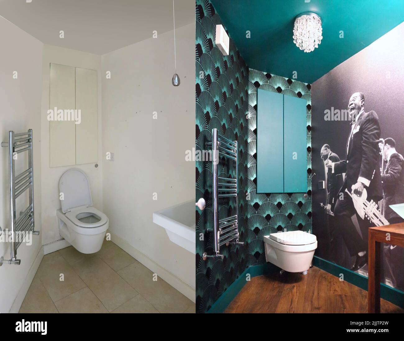 Cloakroom transformation. Before and after pictures of a cloakroom in a south London house, UK. Addition of wallpaper, giant vintage photo and paint. Stock Photo