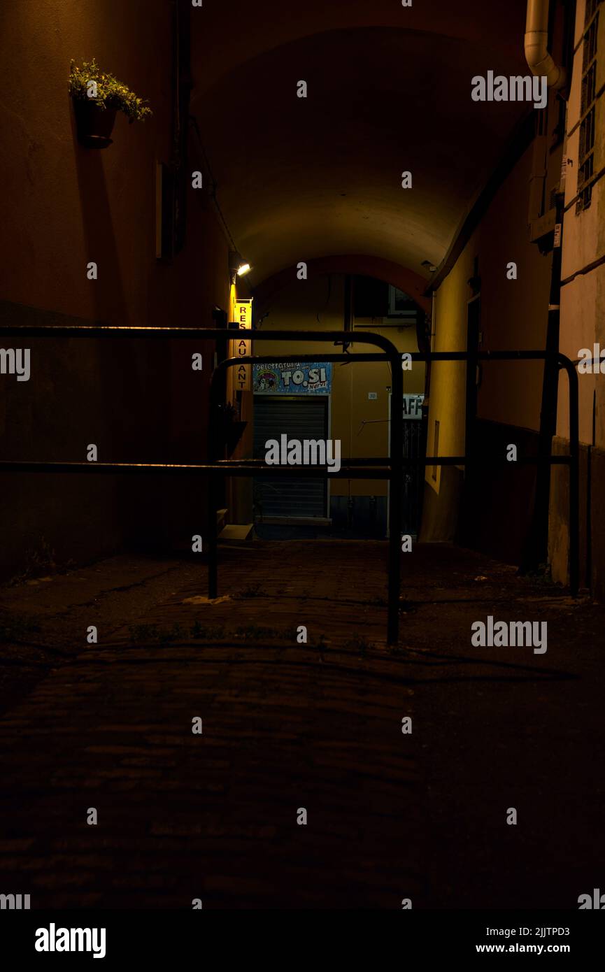 Alley lit by a single street light with bars blocking the way Stock ...
