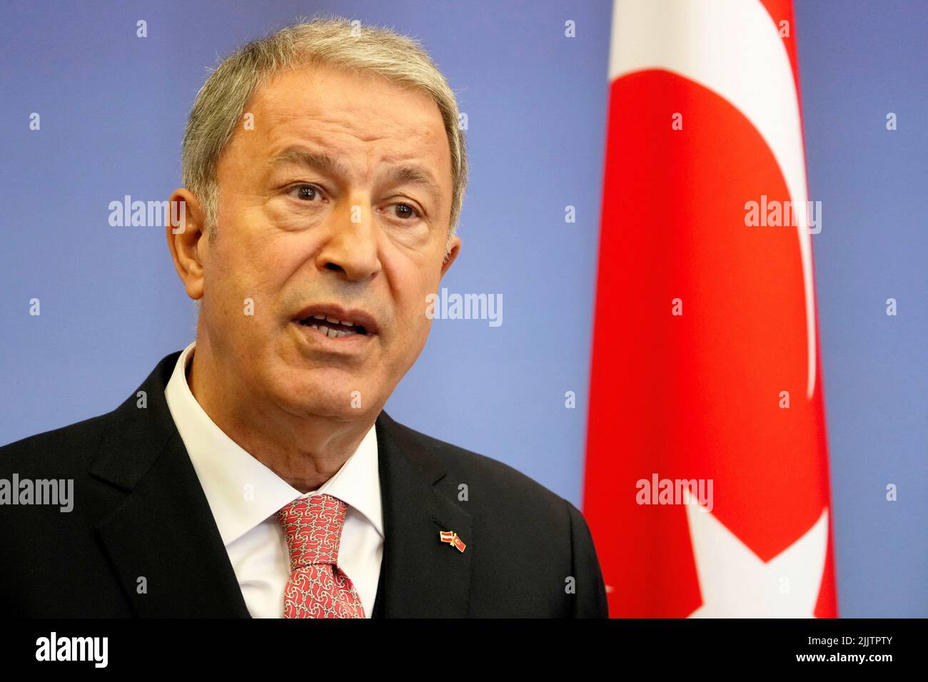 Turkish Defence Minister Hulusi Akar speaks during a news conference in Riga, Latvia July 28, 2022. REUTERS/Ints Kalnins Stock Photo