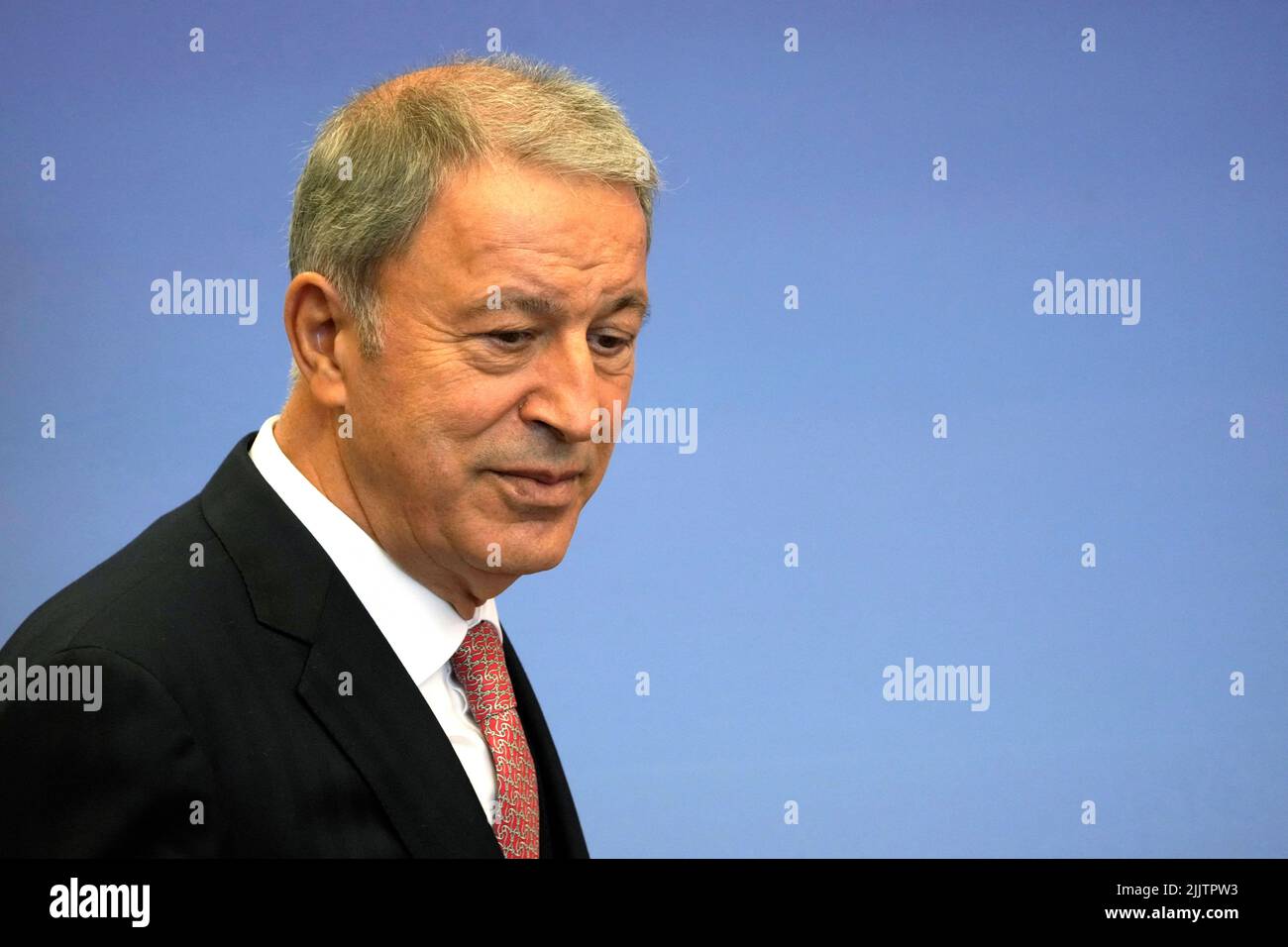 Turkish Defence Minister Hulusi Akar arrives to the news conference in Riga, Latvia July 28, 2022. REUTERS/Ints Kalnins Stock Photo
